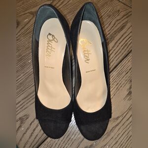 Butter Black Suede Peep-Toe Wedge Heel